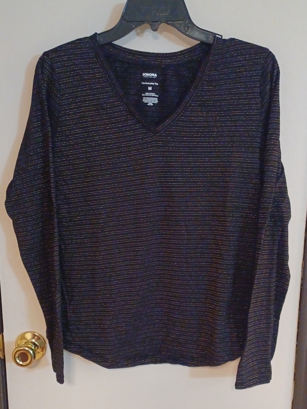 Sonoma Ladies Black V-Neck Top with Metallic Gold Stripes